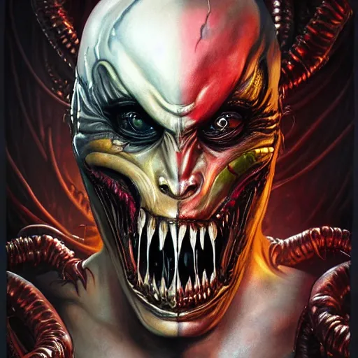Image similar to lofi scorn giger alien venom joker biopunk portrait, Pixar style, by Tristan Eaton Stanley Artgerm and Tom Bagshaw.