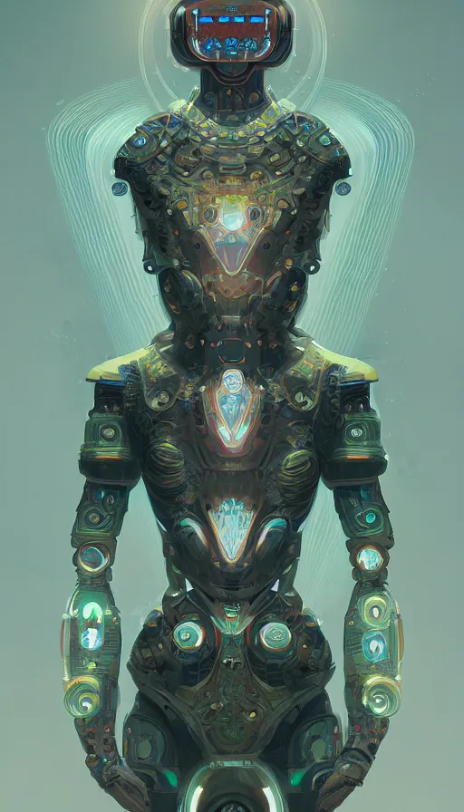 Image similar to Character design of a scifi psychedelic robot shaman, symmetrical, center punched, Archviz, elegant, intricate, digital painting, artstation, concept art, smooth, sharp focus, illustration, art by artgerm and greg rutkowski and alphonse mucha