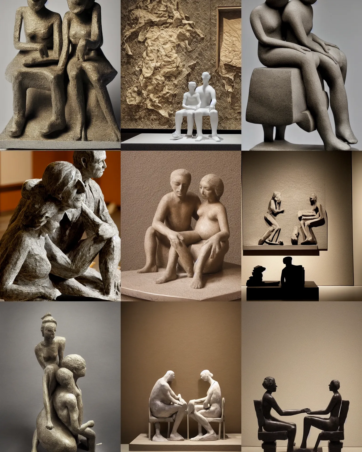 Prompt: sculpture of a couple sitting down, looking at their future, abstract, beautiful!!!! museum photo
