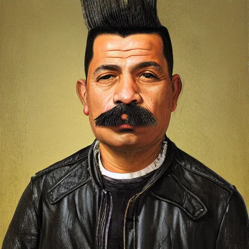 Prompt: front medium portrait of a middle - aged mexican man with a mohawk haircut, moustache, wearing a leather jacket, blank background, rembrandt lighting, detailed, by kehinde wiley, kadir nelson, andrew wyeth