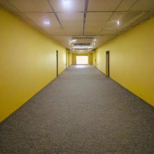 Image similar to flash low quality photograph of the backrooms, mustard - yellow old moldy moist carpet room, empty liminal space, very dark shadows, broken fluorescent lighting, horror movie scene, film grain