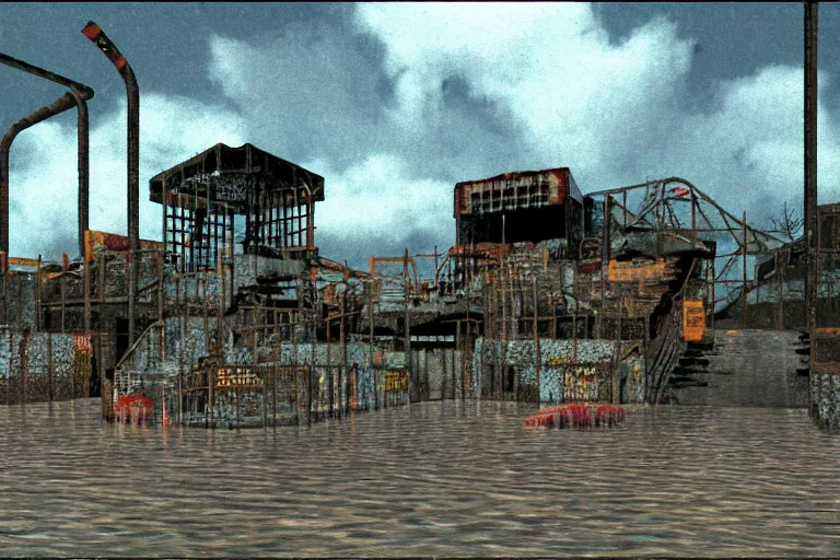 Image similar to creepy and wet abandoned waterpark, retro, pixelated, doom screenshot, 1 9 9 3, gzdoom