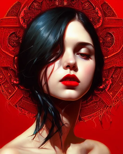 Image similar to highly detailed normal looking hippie, mundane, black hair, flying leaves on backround, symmetrical, red lips, paint by ilya kuvshinov and ilya repin trending on artstation, intricate details, energetic composition, golden ratio, concept art, illustration, elegant art