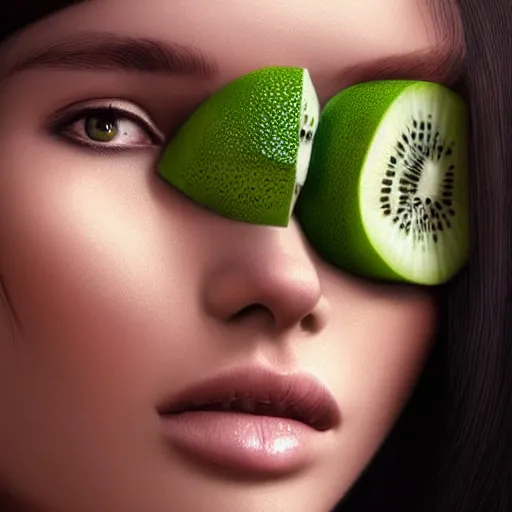 Image similar to close up of female model with green juicy kiwifruit slices covering her eyes. 4K award winning photorealistic. smooth, sharp focus, illustration by artgerm and greg rutkowski Artgerm 8k