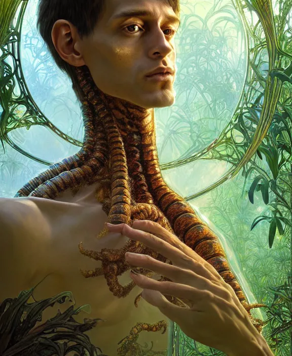 Image similar to intricate ornate opulent transparent clear see - through portrait of a stunning beautiful skinny male alien centipede, mottled coloring, adorable, childlike, overgrown jungle environment, ultra realistic, concept art, art nouveau, photorealistic, octane render, 8 k, unreal engine. art by christopher marley and artgerm and greg rutkowski and alphonse mucha