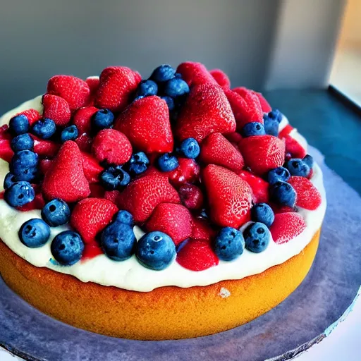 Image similar to A photo of a cake from the side with cream on the sides and strawberries, raspberries and blueberries in circles on top. Sun in back. 4K. Cinematic lighting. High detail. Realistic. Delicious