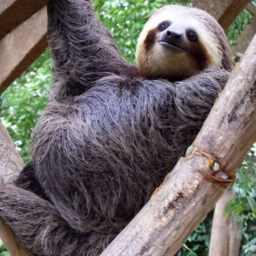 Prompt: A gigantic adorable sloth demands a hug.