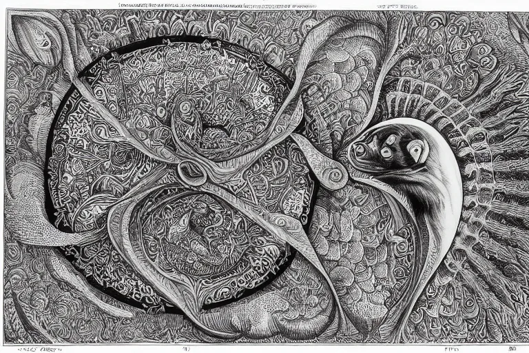 Image similar to an ornate illustration in the styles of mandalas and fractals, the styles of escher and penrose, depicting a weasel staring deep into the heart of the impossible all - and - nothing of the emerging singularity ; / what has god wrought? / he seems to be whispering.