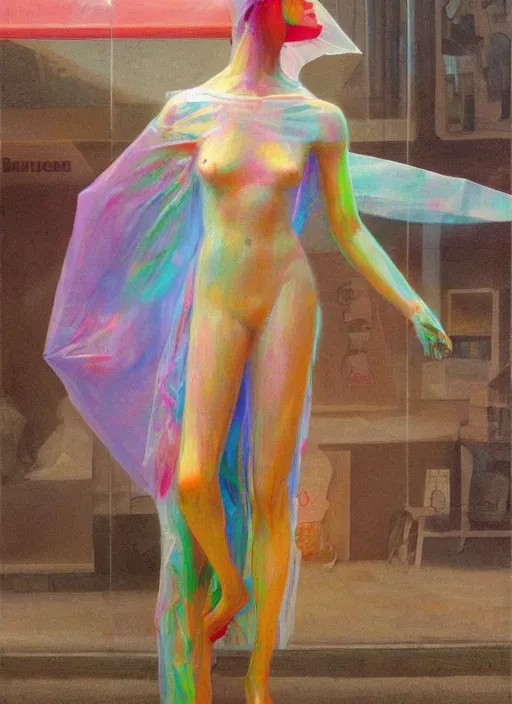 Prompt: woman in a translucent clothing made from colorful rainbow plastic bag with paper bags for clothes standing inside paper bags with paper bag over the head at colorful rainbow store display, highly detailed, artstation, art by , edward hopper, zdislav beksinski, wayne barlowe