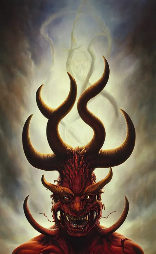 Prompt: a painting of a demon with large horns, an airbrush painting by Terry Oakes, cgsociety, cobra, lovecraftian, hyper realism, oil on canvas