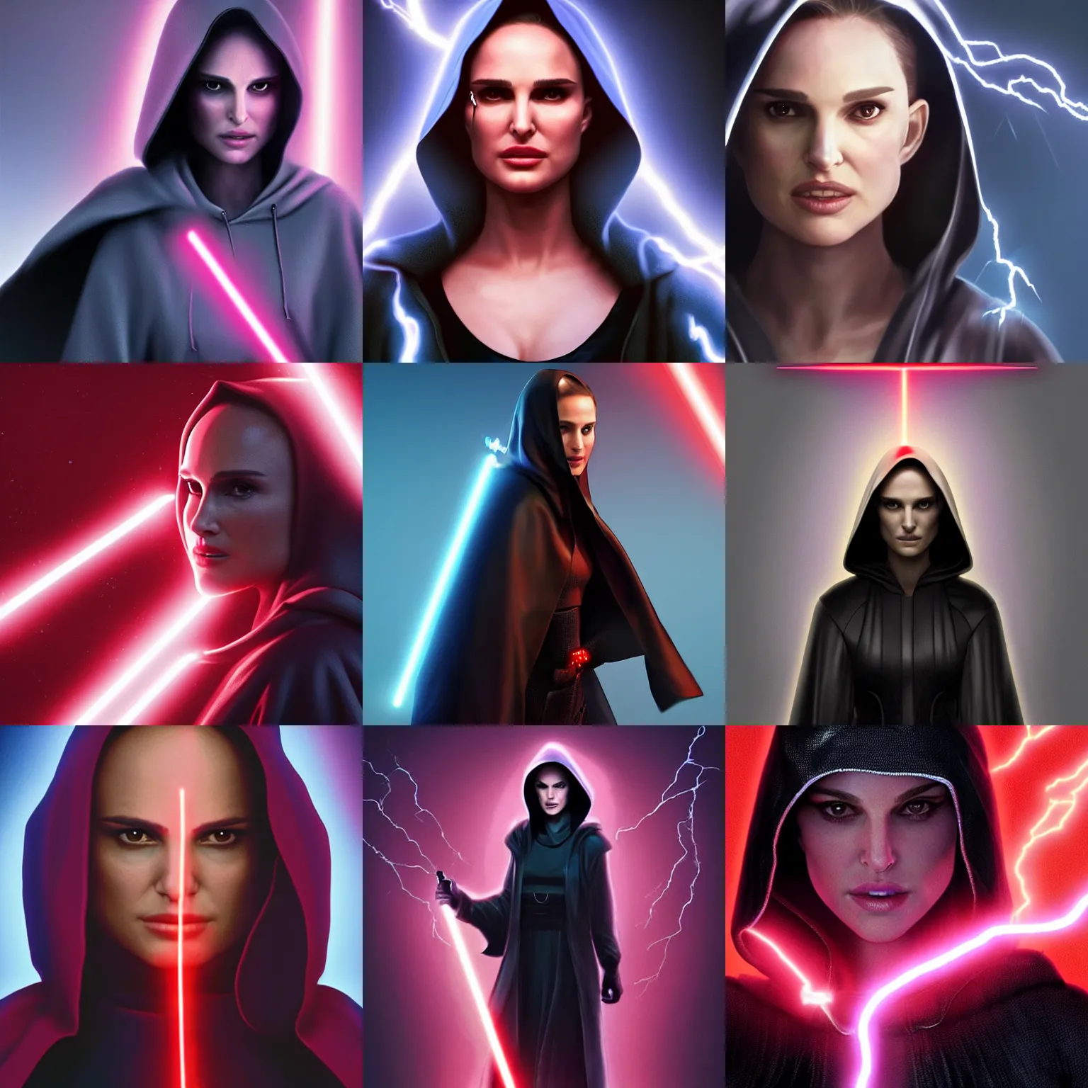 Prompt: natalie portman as a sith in a black hooded jacket holding a lightning bolt, a detailed digital art, artstation, cg society, shock art, reimagined by industrial light and magic, flickering light