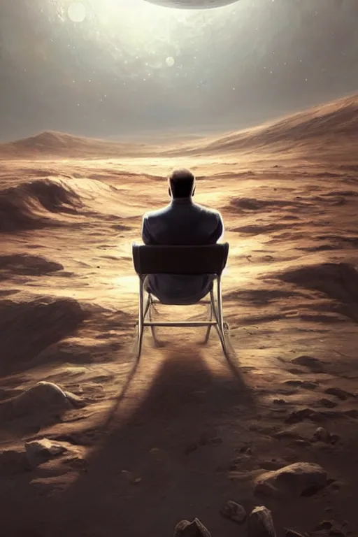 Image similar to Man sitting on the moon with a view of the earth in the background, elegant, digital painting, highly detailed, artstation, concept art, smooth, sharp focus, illustration, art by artgerm and greg rutkowski.