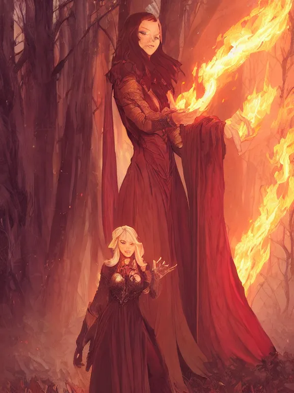 Prompt: evil fire sorceress in the woods, skintight dress, long cloak, evil, grin, dnd, highly detailed, detailed face, burning hands, fire everywhere, smooth, sharp focus, digital painting, by artgerm, greg rutkowski, alphonse mucha