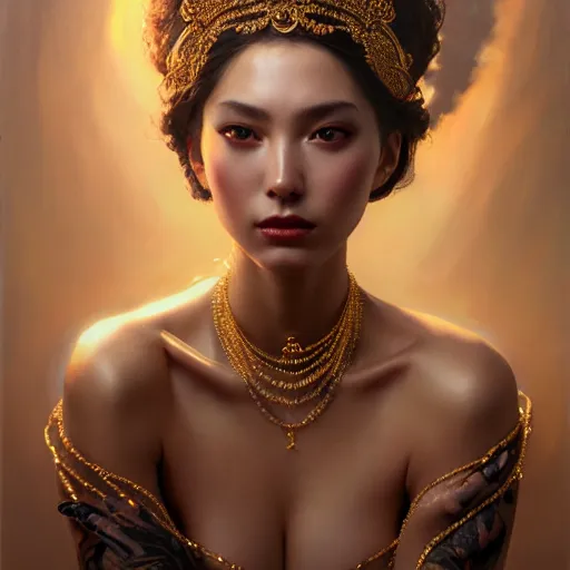 Prompt: expressive oil painting, of alluring european princess, smooth glowing skin, oiled body, pretty eyes, love, adoration, ornate headpiece of black beads, tattoo, glamour shot, by yoshitaka amano, by greg rutkowski, by jeremyg lipkinng, by artgerm, digital art, octane render