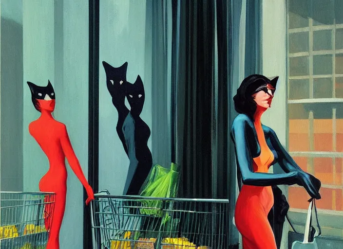 Prompt: !dream catwoman in line at a grocery store painting by Edward Hopper and James Gilleard, Zdzislaw Beksinski highly detailed