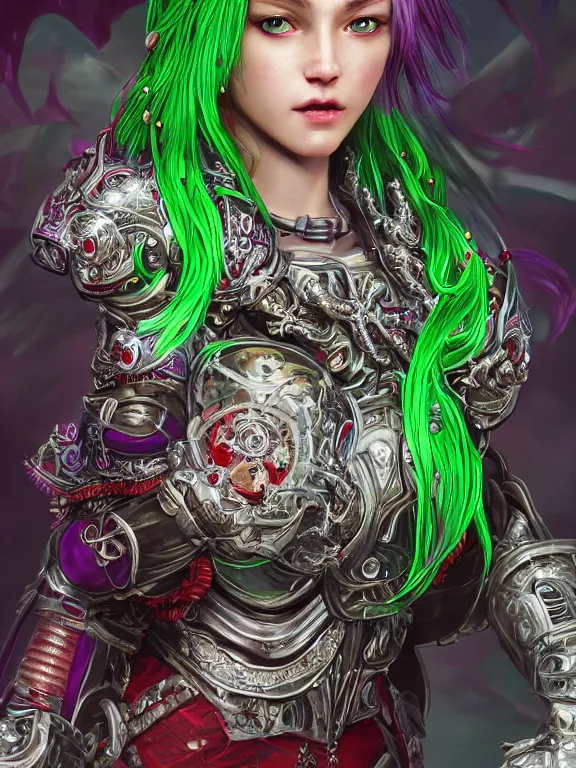 Image similar to portrait art of 8k ultra realistic green-eyed girl,intricate red crown on small purple tentacles, detailed intricate red ornate armour, cybernetic, full of colour, cinematic lighting, trending on artstation, 4k, hyperrealistic, focused, extreme details,unreal engine 5, cinematic, masterpiece, art by ayami kojima,