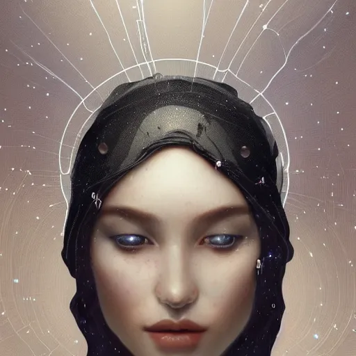 Prompt: portrait of a humanoid robot wearing a veil, mystic, mystical, robot body, wires, robotic, intricate, headshot, highly detailed, digital painting, artstation, concept art, sharp focus, cinematic lighting, digital painting, art by artgerm and greg rutkowski, alphonse mucha, cgsociety