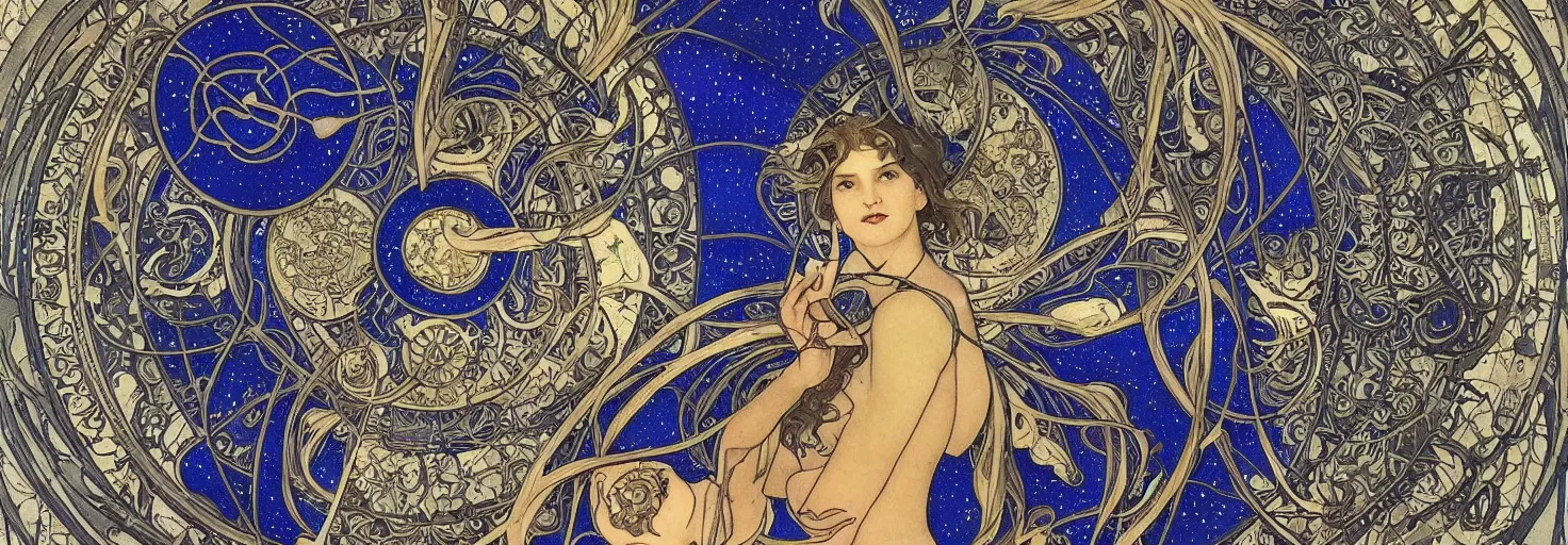 Prompt: the night, maiden and fool and crone, cloaked dark winter night, futuristic math, astronomical star constellations and watch gears, traditional moon and candle and tattoo, ultramarine blue and gold, intricate stained glass, awardwinning art by sana takeda and alphonse mucha