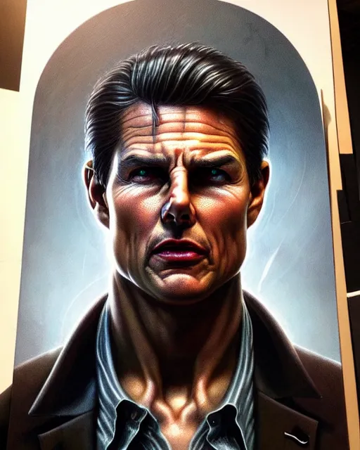 Prompt: front shot of a tom cruise cyberpunk criminal mastermind character, intricate, elegant, highly detailed, centered, (((artstation, concept art, smooth, sharp focus, artgerm, Tomasz Alen Kopera, Peter Mohrbacher, donato giancola, Joseph Christian Leyendecker, WLOP, Boris Vallejo))), mugshot!!!!!, ugly!!!!!!, octane render, nvidia raytracing demo, grainy, muted