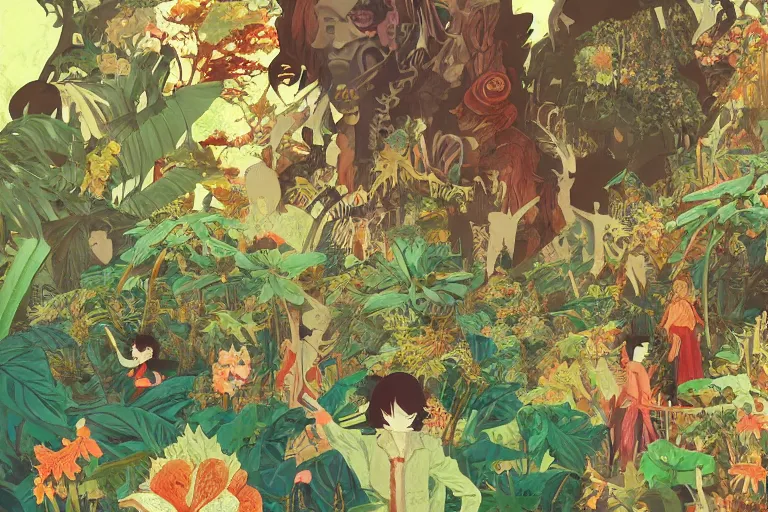 Prompt: 2 d gouache illustration, a lot of exotic vegetation, trees, many many many human heads, flowers, oldschool vintage sci - fi flat surreal design, super - detailed, painting by satoshi kon, hd, 4 k, high quality