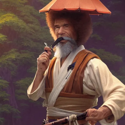 Image similar to an ultra detailed matte painting of bob ross smoking a pipe and dressed as a wandering ronin samurai, d & d, epic fantasy, concept art by alphonse mucha and greg rutkowski, octane render, 8 k, detailed face