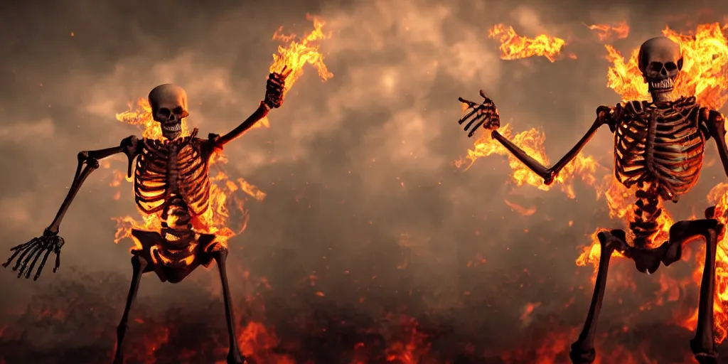 Image similar to Skeleton on fire flipping the camera off with his middle finger, realistic 4k octane beautifully detailed render, 4k post-processing, highly detailed, intricate complexity, epic composition, magical atmosphere, cinematic lighting, masterpiece, ultra hd