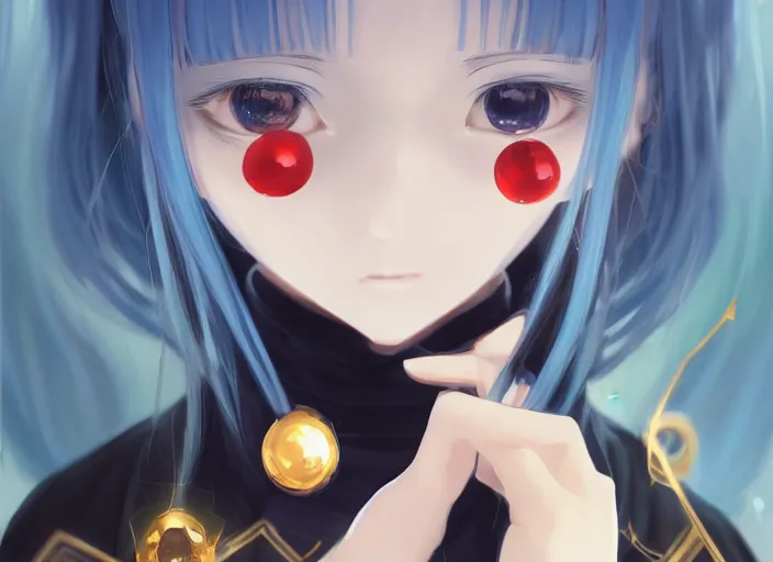 Prompt: rimuru playing chess, with gold eyes, sky blue straight hair, bangs, black jacket, high collar, concept art, award winning photography, digital painting, cinematic, by wlop, anime key visual, wlop, 8 k, by ross tran, tom bagshaw, ilya kuvshinov,