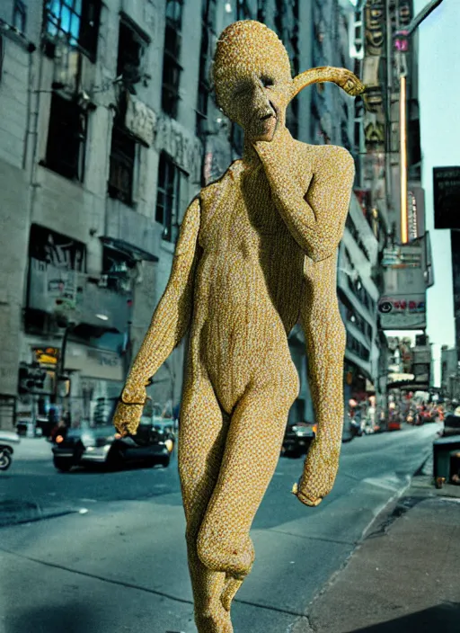 Image similar to photorealistic photograph of a banana / human hybrid creature, 3 5 mm film, fuji, leica s, nyc, in the style of fashion photography, intricate, golden hour sunlight, kodachrome