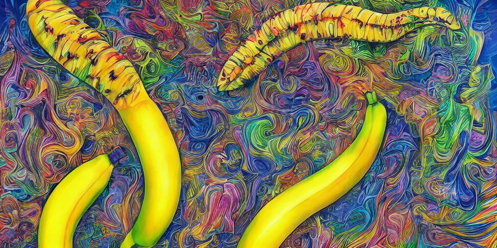 Image similar to banana hat, acrylic on canvas, realism movement, breathtaking detailed, by android jones, alex grey, chris dyer, and aaron brooks, photorealistic