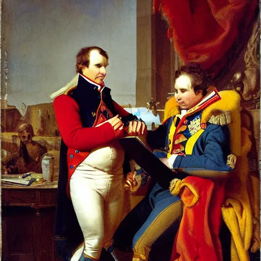 Image similar to Napoleon looking his phone by Caravage