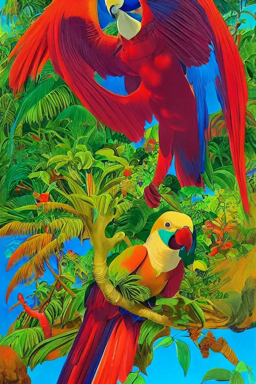 Image similar to colourful parrot flying over a tropical island, fluid, smooth, bright, colours, high contrast, sharpness, very detailed, intricate, by dali, magritte, edvard munch, da vinci, donato giancola, richard corben, zdzisław beksinski, moebius, francis bacon, studio ghibli, mucha and studio disney