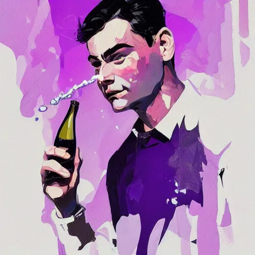 Prompt: Ben Shapiro drinking, purple lighting, purple digital art, trending on artstation, highly detailed, expressive oil painting, by Conrad Roset