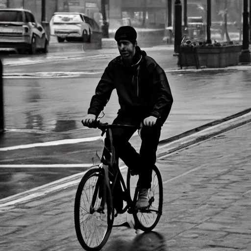 Image similar to a delivery guy wearing red jacket cycling in black and white street, rainy weather, 4 k, realistic, trending on artstation