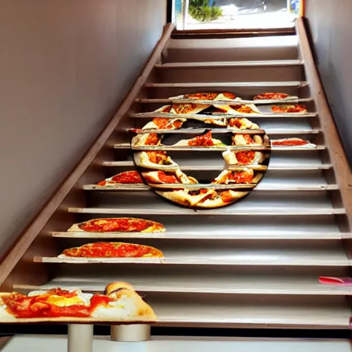 Prompt: m c esher staircase made of pizza