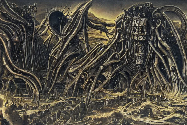 Image similar to a painting of a supreme calamity, apocalypse, end of the world, painting by h. r. giger, super high detail, cosmos perspective, unimaginable composition, sharp focus