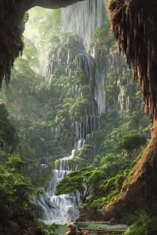 Image similar to carved into a Mountain a temple above a waterfall, arches adorned pillars, archways, gnarly trees, lush vegetation, forrest, a small stream runs beneath the waterfall, landscape, raphael lacoste, eddie mendoza, alex ross, concept art, matte painting, highly detailed, rule of thirds, dynamic lighting, cinematic, detailed, denoised, centerd