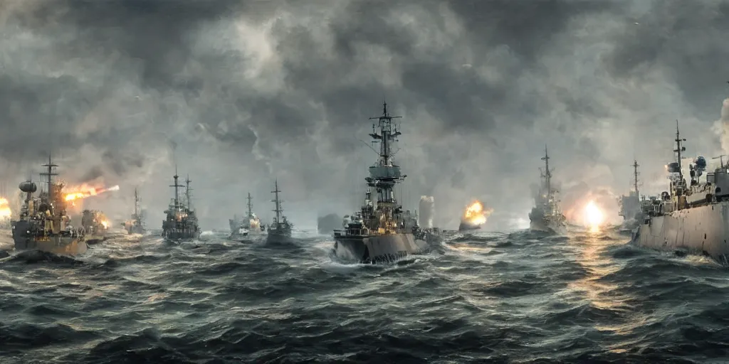 Prompt: a naval battle with battleships and submarines in the night, high detail, high definition, photorealistic, 8k,