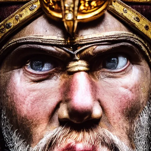 Image similar to stunning beautiful portrait photography of a face detailing medieval king with crown from national geographic magazine award winning, dramatic lighting, taken with Sony alpha 9, sigma art lens, medium-shot