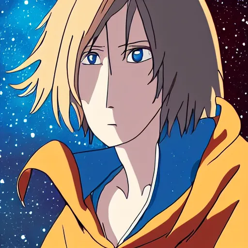 Image similar to Spirited away dark blonde guy with blue eyes in space