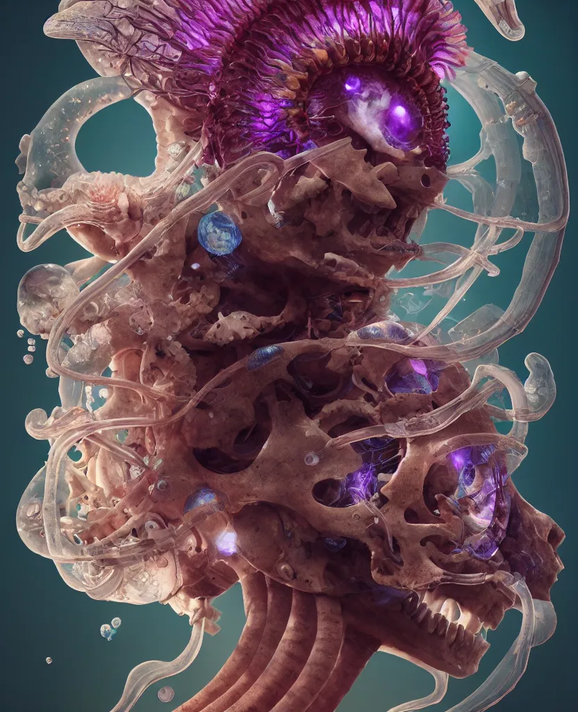 Image similar to goddess close-up portrait ram skull, thorax, x-ray, backbone, jellyfish phoenix head, nautilus, orchid, skull, betta fish, bioluminiscent creatures, intricate artwork by Tooth Wu and wlop and beeple. octane render, trending on artstation, greg rutkowski very coherent symmetrical artwork. cinematic, hyper realism, high detail, octane render, 8k