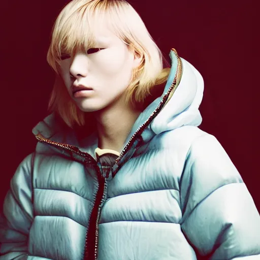 Image similar to realistic photoshooting for a new balenciaga lookbook, color film photography, portrait of a blonde asian woman, model wearing a puffer jacket, photo in style of tyler mitchell, 3 5 mm,