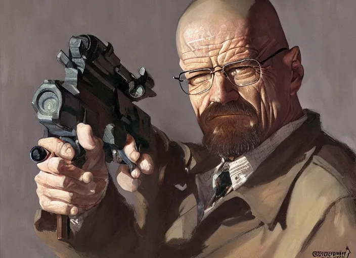 Image similar to a highly detailed beautiful portrait of walter white with a gun, by gregory manchess, james gurney, james jean