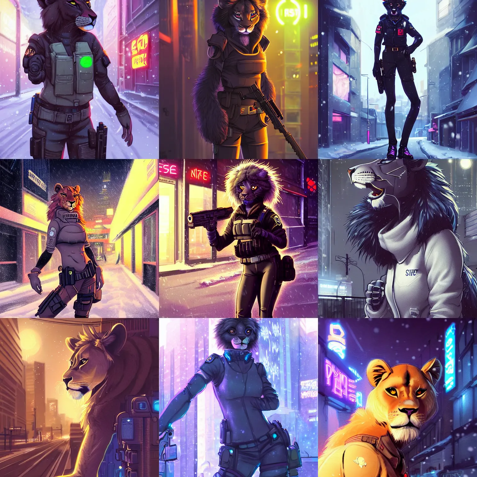 Prompt: beautiful furry art portrait commission of a female furry anthro lioness fursona wearing a tactical swat uniform in the streets of a cyberpunk city at night in the snow. neon light. character design by charlie bowater, ross tran, artgerm, and makoto shinkai, detailed, inked, western comic book art