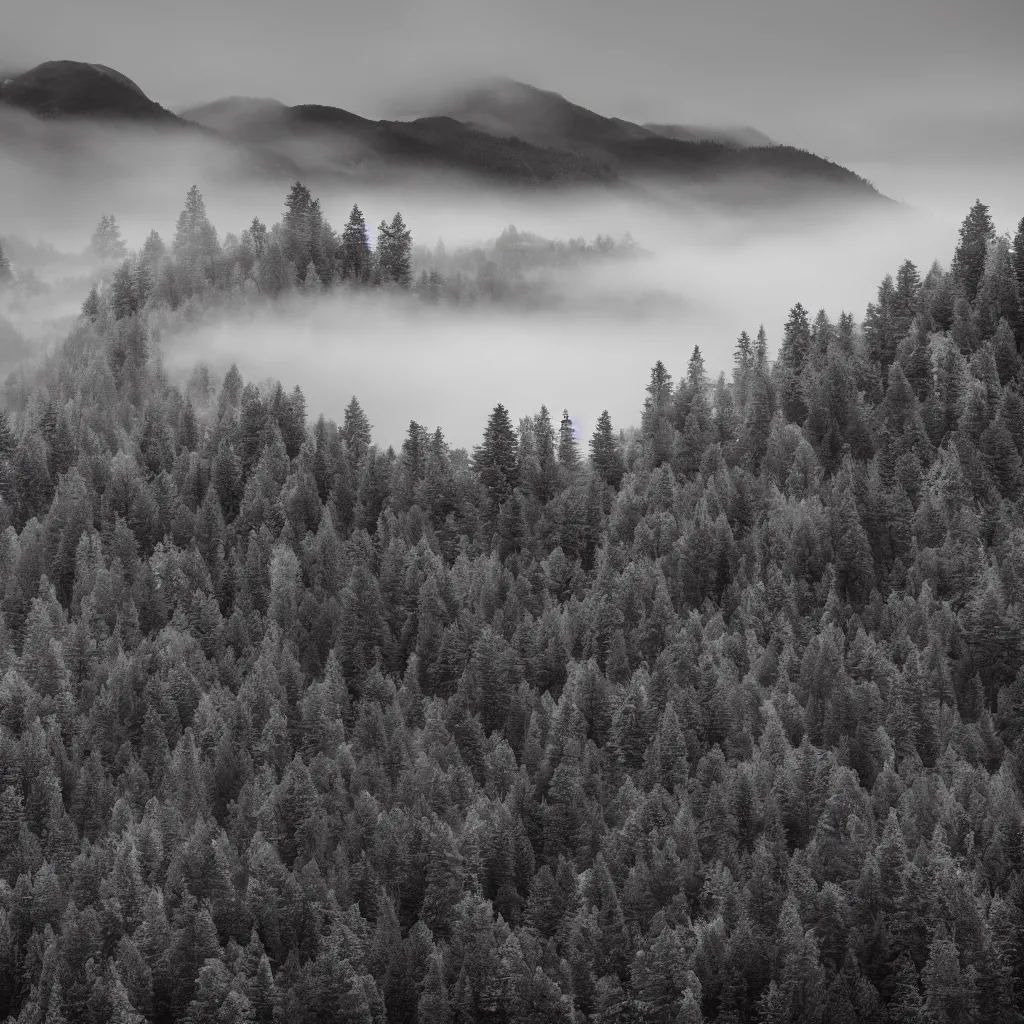 Image similar to monochrome photo of ambient and misty mountains with a lot of trees, 4 k