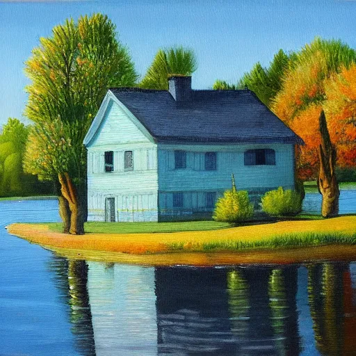 Prompt: painting of a house by a lake