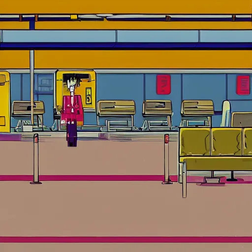 Image similar to inside airport, commodore 6 4 demo, 8 0 s anime vibe, in the style of kimagure orange road, studio ghibli