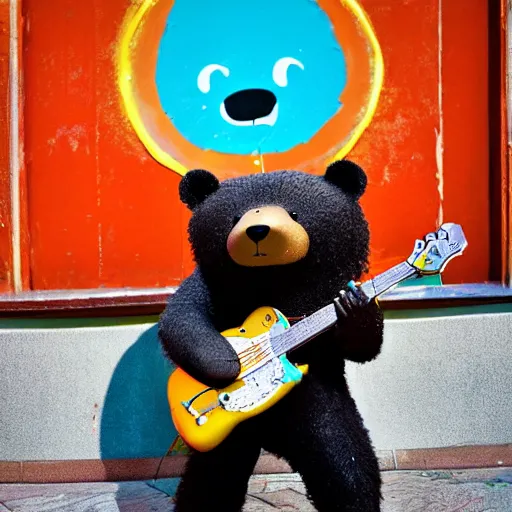 Prompt: a photograph of a bear poorly cosplaying as a bear, he is holding a guitar, vivid color, 50mm