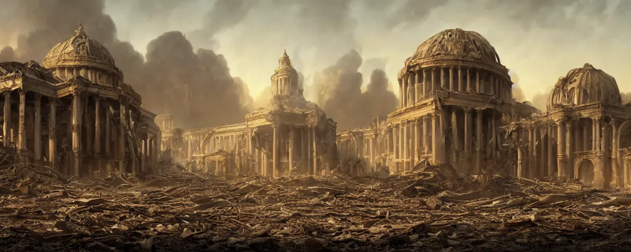 Prompt: A beautiful hyper realistic detailed matte painting of the destroyed Capitolium after nuclear bomb::post-apocalyptic landscape at early sunrise::a lot of debris and burned bushes and trees::by John Howe and Andreas Rocha and Martin Johnson Heade and Albert Bierstadt, Fallout style::unreal engine, trending on artstation, golden ratio, rectilinear