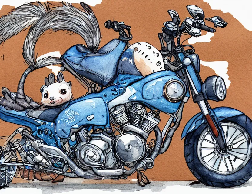 Image similar to cute and funny, a bipedal squirrel washing his motorcycle, centered award winning watercolor pen illustration, isometric illustration by chihiro iwasaki, edited by range murata, tiny details by artgerm and watercolor girl, sharply focused