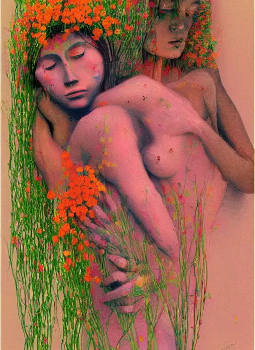 Image similar to portrait of women made of twigs and colorful flowers hugging Edward Hopper and James Gilleard, Zdzislaw Beksinski, highly detailed